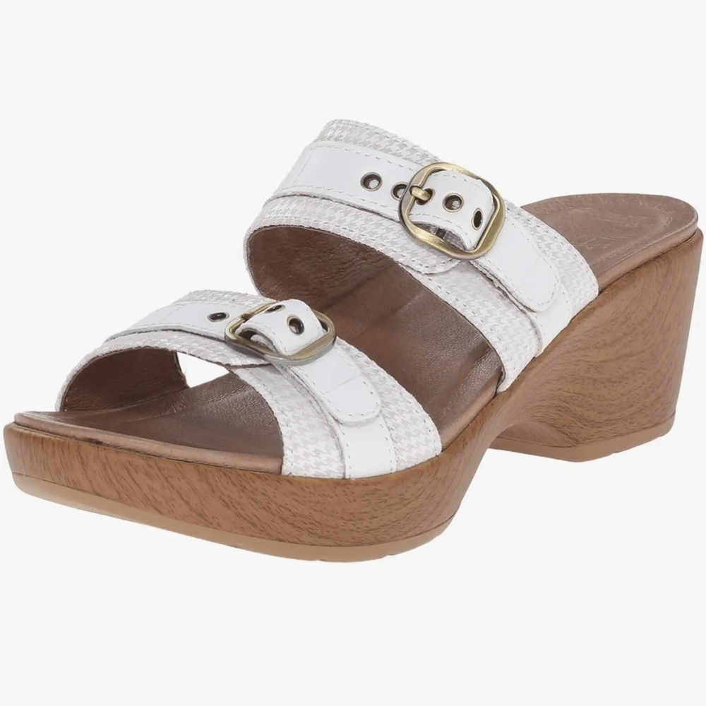 Dansko‎ Jessie White Leather Cream Houndstooth 2 Strap Buckle Heeled Sandals 39